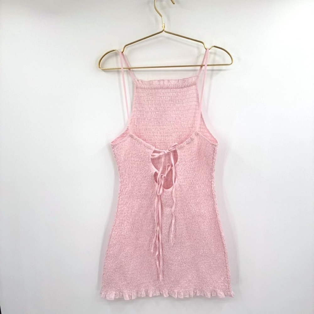 Free People Lyla Smocked Mini Dress‎ Women's M Pink Cross Tie Back - Picture 4 of 11